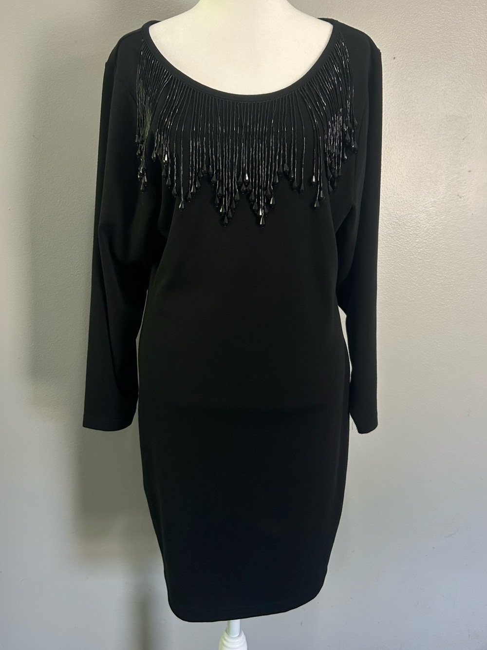 Vintage Together Black L/S Dress with Beaded Fringe Neckline Elegant Comfort